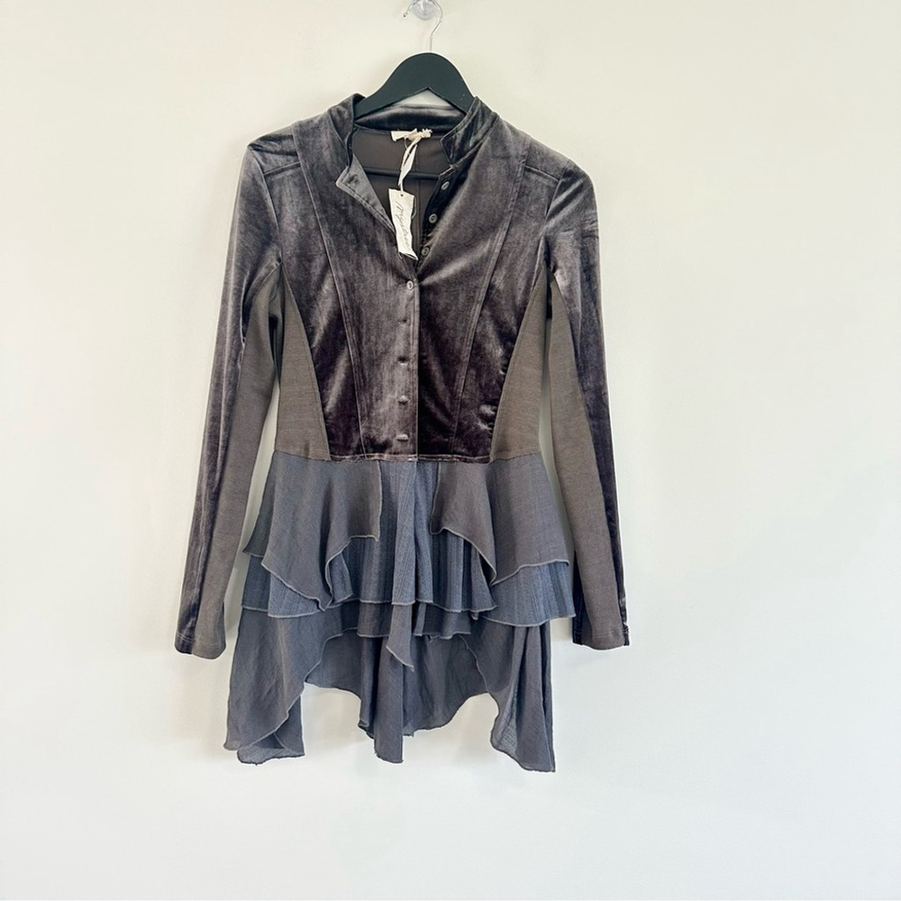 Mystree Military Style Velvet Mixed Media Asymmetrical Hem Jacket Small Ruffles